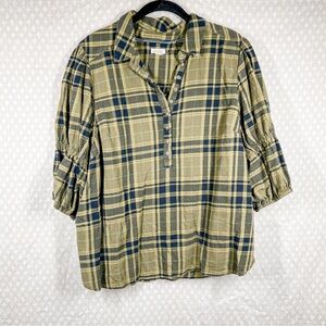 Anthropologie Pilcro Green Blue Puff Sleeve Collared Top